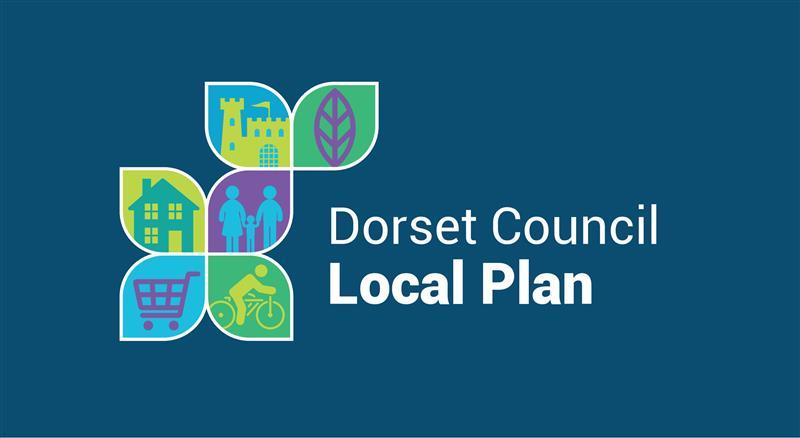 Dorset Council Local Plan logo with icons representing homes, communities, nature, transport and local services