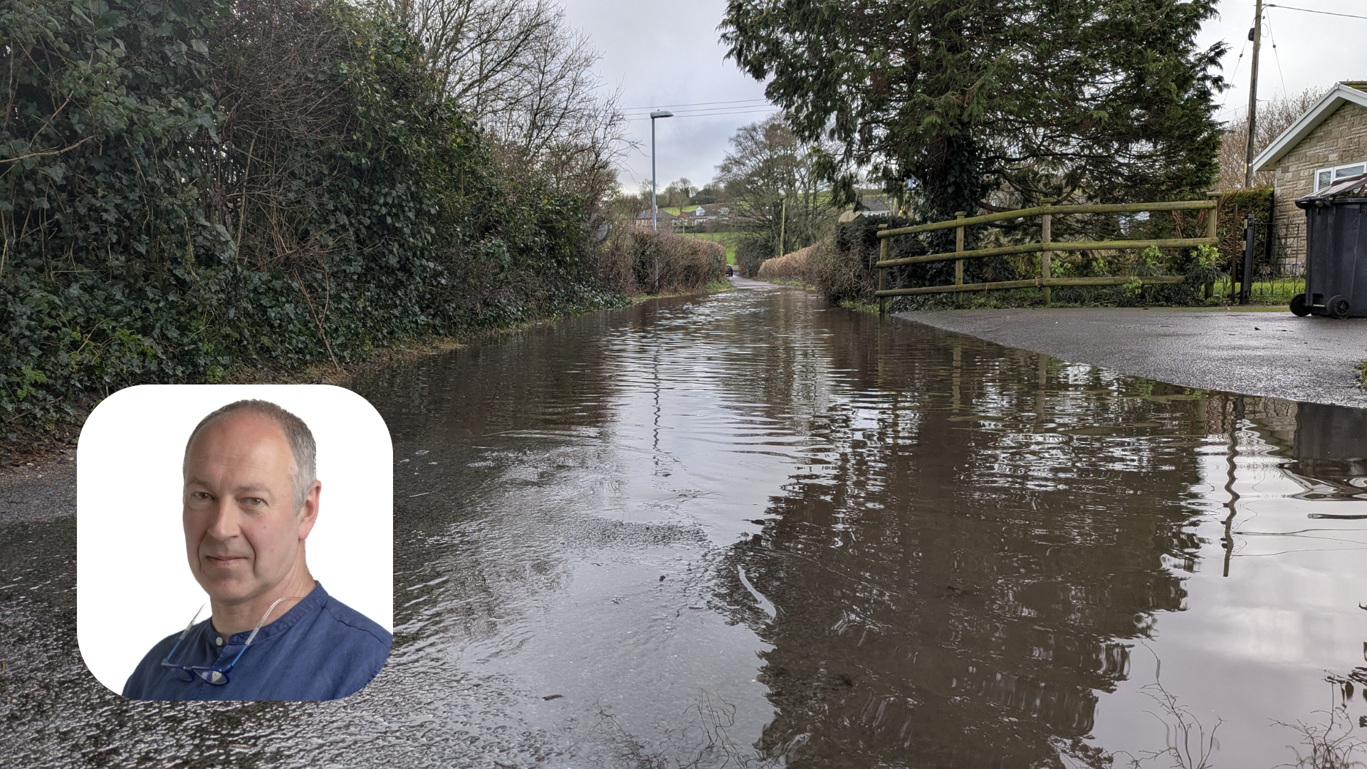 Flooding in Maiden Newton, Cllr. Nick Ireland inset