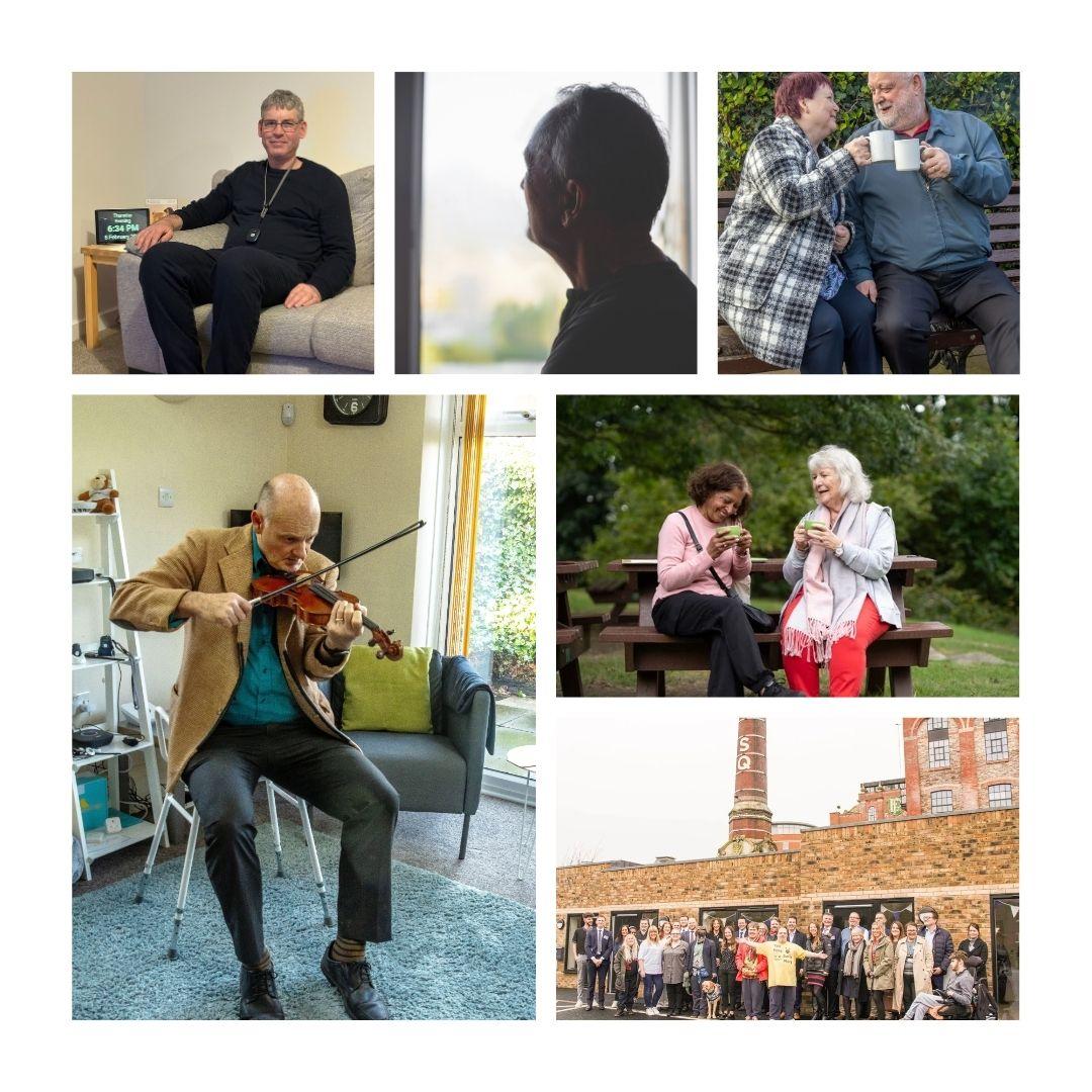 A collage of six photographs showing different everyday scenes involving adults in care and community settings. One image shows a person sitting on a sofa in a living room with a device on a side table. One image shows a silhouette-style side view of a p