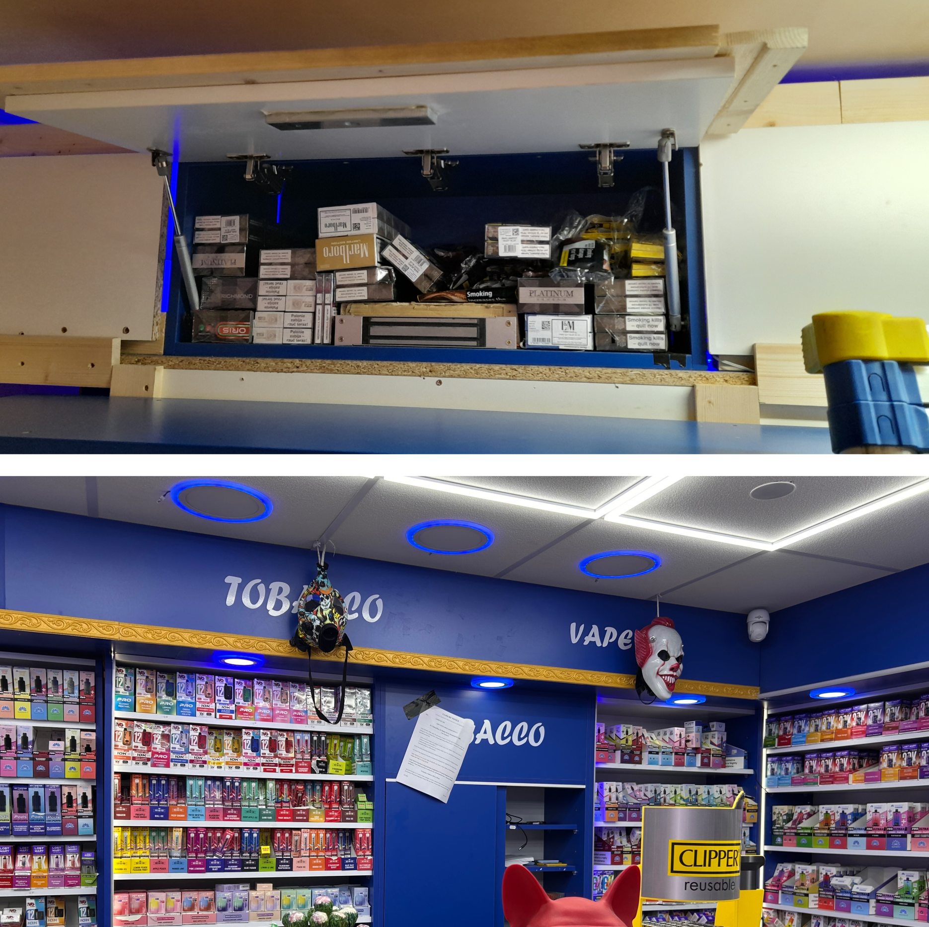 Two photographs of the inside of the store, one showing the hidden tobacco and one showing the store interior