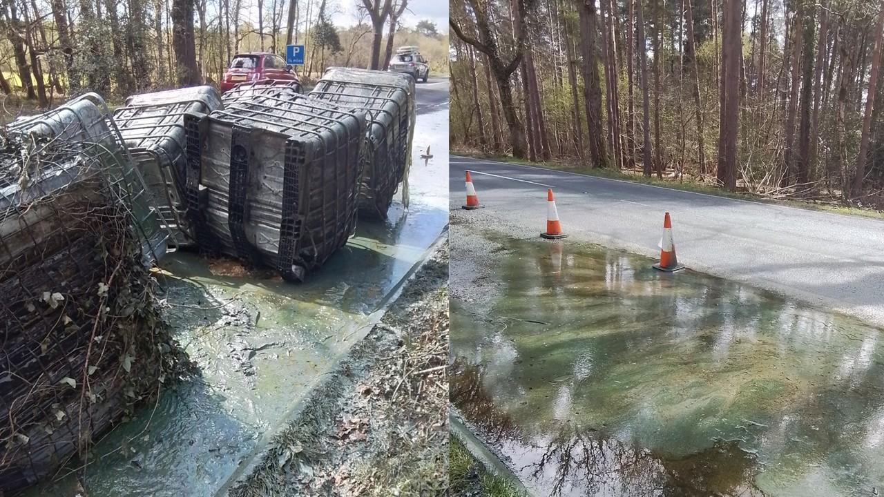 Side‑by‑side photos of a roadside pollution incident in woodland. Left: several large metal cages or containers have been tipped onto their sides beside a narrow road, with thick green liquid spilled across the tarmac and verge. Right: the same road after