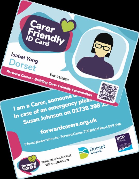 Front and back of a Carer Friendly ID card showing the scheme logo, cardholder details, emergency‑contact text, website address, and partner logos.