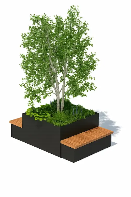 Oversized green planter containing a small tree and surrounding plants, with wooden seating ledges on two sides.