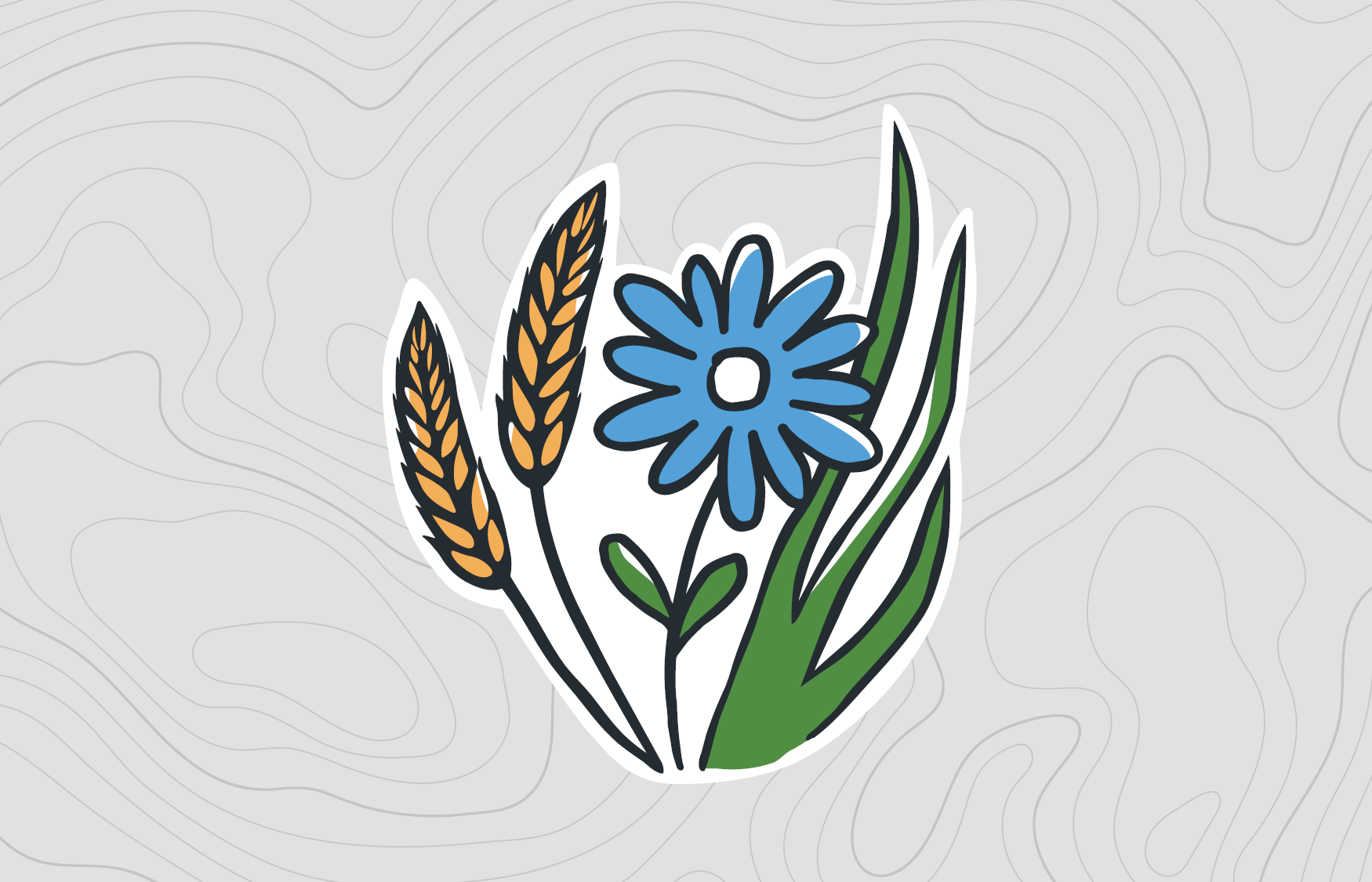 Illustration of a blue flower with wheat and leaves