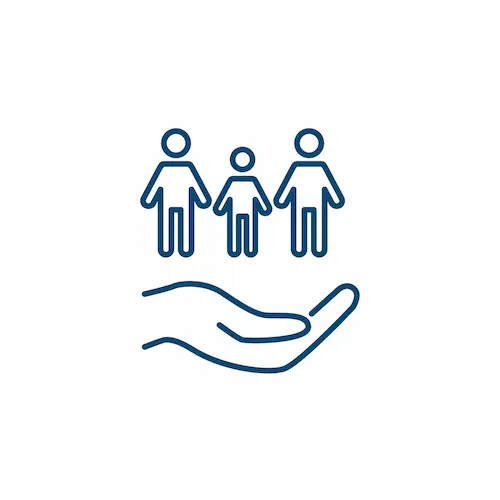 Three stick figures above an open hand icon