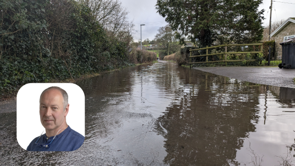 Flooding in Maiden Newton, Cllr. Nick Ireland inset