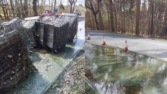 Side‑by‑side photos of a roadside pollution incident in woodland. Left: several large metal cages or containers have been tipped onto their sides beside a narrow road, with thick green liquid spilled across the tarmac and verge. Right: the same road after